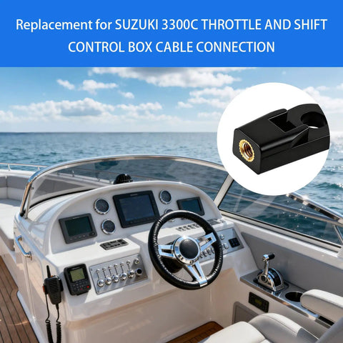 Boat dashboard with Suzuki Outboard Throttle And Shift Control Box Cable End Connectors, ABS Copper Fittings inset view.