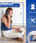 Woman on phone with laptop, featuring Three Stage Whole House Water Filter System Replacement Cartridge Pack For Clean, Safe Water