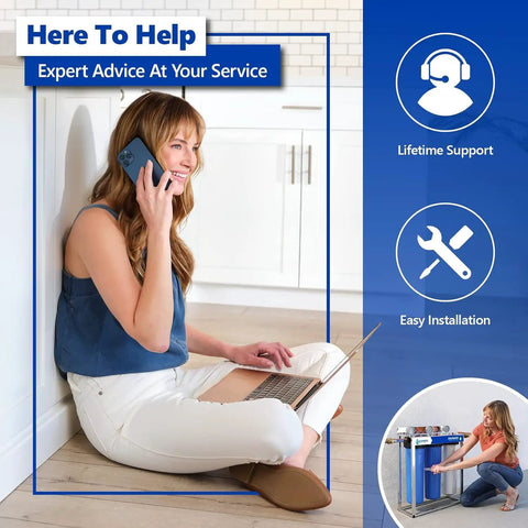 Woman on phone with laptop, featuring Three Stage Whole House Water Filter System Replacement Cartridge Pack For Clean, Safe Water