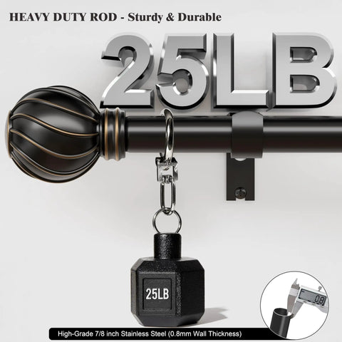 Black Curtain Rods For Windows 36 To 150 Inches, 7/8 Inch Adjustable Heavy Duty Drapery Rods With Round Textured Finials