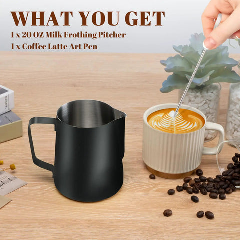 20Oz Stainless Steel Milk Frothing Pitcher With Clear Measurement Scale for cappuccino and latte art, with latte art pen
