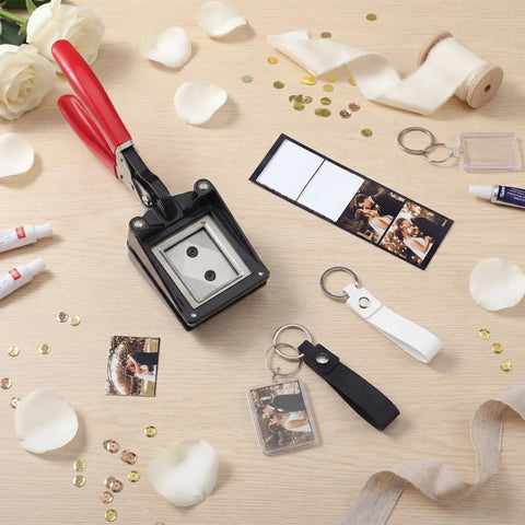 61 Piece Handheld Keychain Making Kit With 1.38x1.77 Inch Square Cutter 30 Acrylic Blank Keychains and 30 PU Leather Keychains displayed.