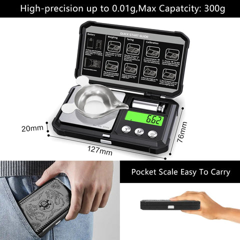 Pocket Digital Gram Scale 300 G Capacity With Zero Point Zero One G Increments, shows LCD, tare function, and skull case.