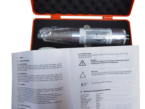 Pro Grade Concrete Rebound Hammer for On Site Strength Testing 10 to 60 MPa Range ASTM C805 Compliant, in red carrying case with manual.