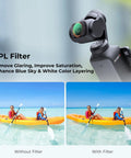Osmo Pocket 4x3 Magnetic CPL Filter shows kayak color enhancement and glare reduction in before-after image comparison.