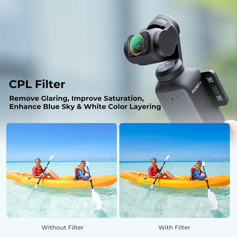 Osmo Pocket 4x3 Magnetic CPL Filter shows kayak color enhancement and glare reduction in before-after image comparison.