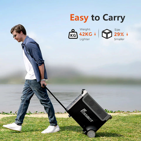 Man pulling a portable 3600W power station with 3840Wh LiFePO4 battery on grass beside a lake, showcasing easy portability.