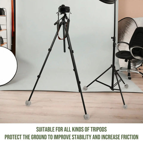 Tripod with Precut Tennis Balls Bulk for Furniture Legs and Chair Feet Covers Gray Floor Protection attached to feet.