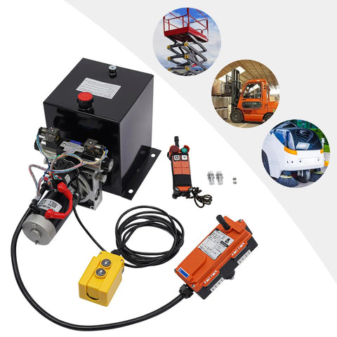 Heavy Duty 12V DC Hydraulic Power Unit With Double Acting Pump And Remote Control Wired Options for dump trailers and lift systems.