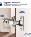 Heavy Duty Full Overlay Soft Close Cabinet Hinges Sixty Pack showing 3D adjustment features for height, depth, and side alignment.