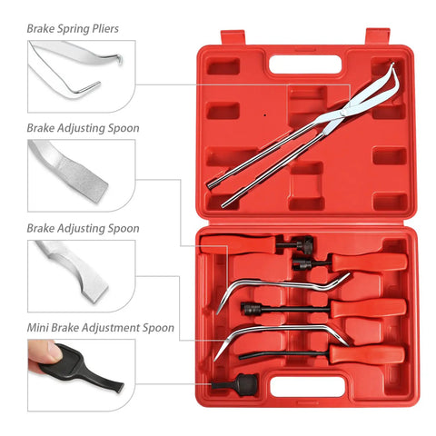 8 Piece Brake Service Kit With Spring Installer And Remover Pliers DIY Friendly Tools Set In Red With Durable Carrying Case For Quick Brake Maintenance And Pro Grade Repairs, showing tools in molded compartments.