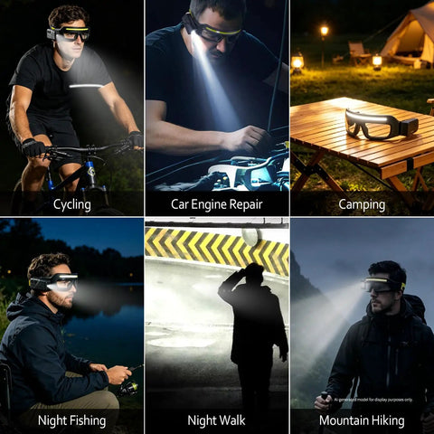 Badass Rechargeable LED Safety Glasses With Dual LED Spot And Flood Lights Five Bright Lighting Modes For Camping Hiking And Night Shift Work Gear That Is A Total Game Changer For Anyone On The Go worn during cycling and car engine repair at night.