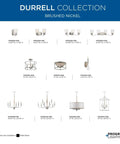 Display of Durrell Collection lighting fixtures in brushed nickel finish, showcasing various designs and sizes for versatile spaces.
