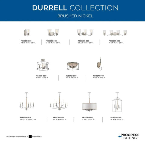 Display of Durrell Collection lighting fixtures in brushed nickel finish, showcasing various designs and sizes for versatile spaces.