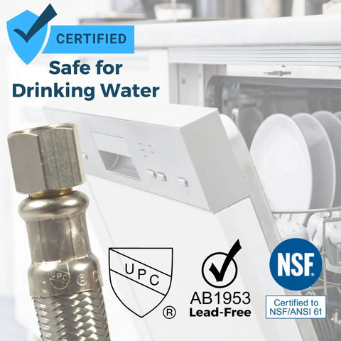 Universal Dishwasher Water Supply Hose Kit 10 Ft Braided Stainless Steel Line with certification icons and dishwasher in background