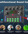 Multifunctional sound card with control knobs and colorful indicators for Podcast Gear Bundle With BM800 Microphone And V8S Voice Changer Condenser Studio Kit.
