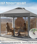 Mosquito Net For 10x10 Gazebo Pop Up Canopy With Zipper Mesh Sidewalls shown installed on grey patio tent, backyard use