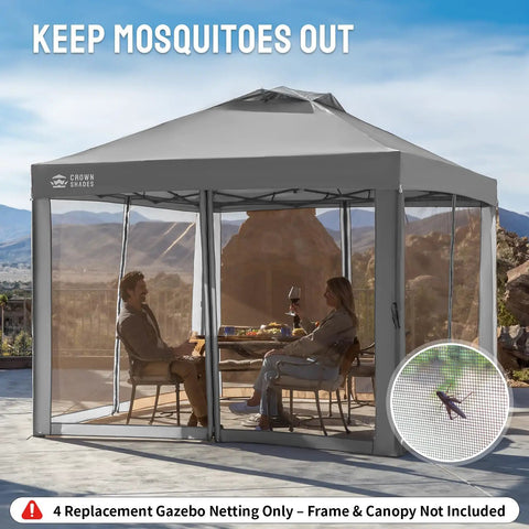 Mosquito Net For 10x10 Gazebo Pop Up Canopy With Zipper Mesh Sidewalls shown installed on grey patio tent, backyard use