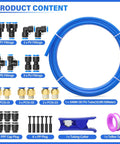 Blue 10mm OD PU Air Tubing Kit 32.8ft 10m With Push To Connect Fittings 29 Pcs Ultra Flexible Built To Last No Kink Oil Resistant Polyurethane Hose For Pneumatic Systems, showing various fittings and tubing cutter.