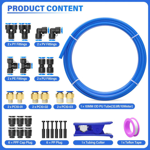 Blue 10mm OD PU Air Tubing Kit 32.8ft 10m With Push To Connect Fittings 29 Pcs Ultra Flexible Built To Last No Kink Oil Resistant Polyurethane Hose For Pneumatic Systems, showing various fittings and tubing cutter.