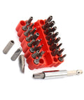 33 Piece Tamper Proof Screwdriver Bit Set With One Quarter Inch Shank Includes Torx bits in red holder laid out for quick access.