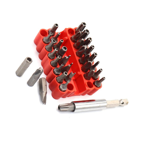 33 Piece Tamper Proof Screwdriver Bit Set With One Quarter Inch Shank Includes Torx bits in red holder laid out for quick access.