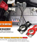 Nissan Battery Terminals Kit With Red Positive And Black Negative Connectors shown installed on a battery with easy installation text