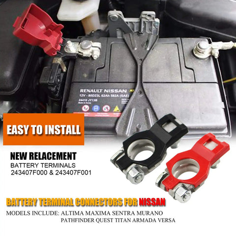Nissan Battery Terminals Kit With Red Positive And Black Negative Connectors shown installed on a battery with easy installation text