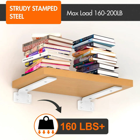 Super Sturdy Floating Shelf Brackets Six Inch Heavy Duty Iron Wall Mount Hardware Built Like A Tank To Handle Heavy Loads And Kitchen Decor Six Pack with books on a wooden shelf.