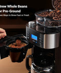 Close-up of 10 Cup Drip Coffee Maker With Built-In Burr Grinder And Programmable Timer For Fresh Ground Coffee Auto Keep-Warm 1.5L Water Tank Reusable Filter Black showing coffee beans being poured into the grinder.