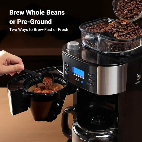Close-up of 10 Cup Drip Coffee Maker With Built-In Burr Grinder And Programmable Timer For Fresh Ground Coffee Auto Keep-Warm 1.5L Water Tank Reusable Filter Black showing coffee beans being poured into the grinder.