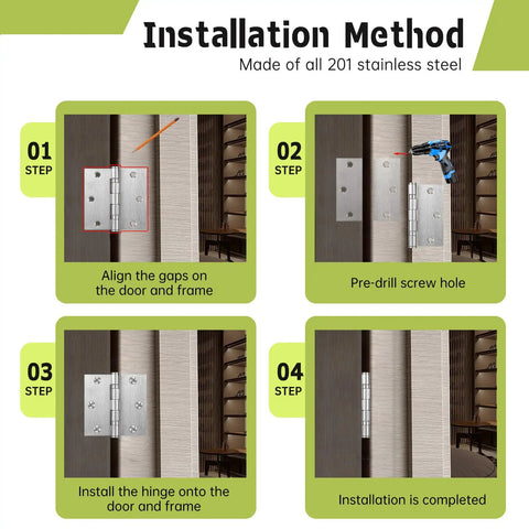 Step-by-step installation guide for Heavy Duty Square Door Hinges 3.5 By 3.5 Inch Set Of Three Ball Bearing Rust Proof Stainless Steel Brushed Nickel Finish.