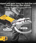 No Sweat Electric Concrete Saw Featuring A Brushless Motor For Smooth Masonry Slotting And Deep Wall Cutting handheld cutter in action with water pump for dust-free cutting.