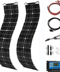 400W Flexible Solar Panel Kit For RVs And Boats With Two 200W 12V Panels And 40A Charge Controller laid out.