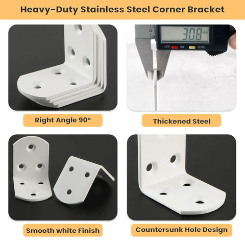 Built Like A Tank White L Brackets 4 Pack Heavy Duty Stainless Steel Corner Shelf Supports For Wood Furniture Rustproof Metal Hardware With Smooth Burr Free Edges Quick Install