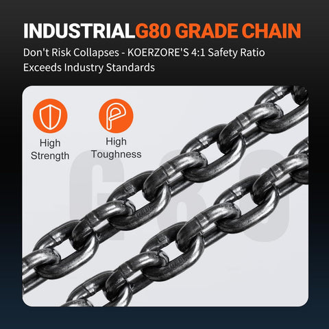 Close-up of industrial G80 grade chain highlighting high strength and toughness for Beefed Up 1 Ton Hand Chain Hoist.
