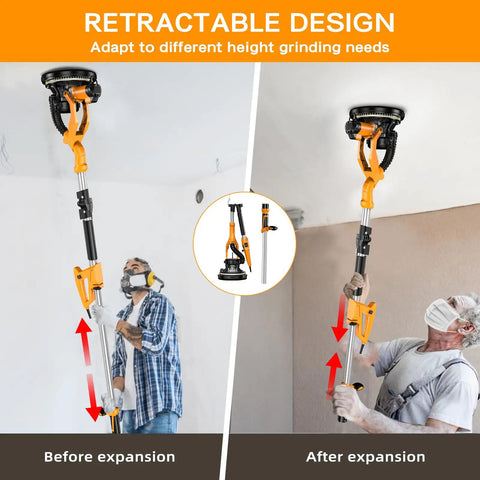 Heavy Duty Electric Drywall Sander With Vacuum Dust Collector For Popcorn Ceiling Removal And Smooth Wall Finishing No Dust Hassle Job Site Must Have showing retractable design for height adjustments.