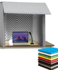 Straight Up Knockout Desktop Soundproof Cover And Top Shelf Acoustic Foam Vocal Booth With Heavy Duty Echo Dampening For Crystal Clear Home Studios with laptop and microphone