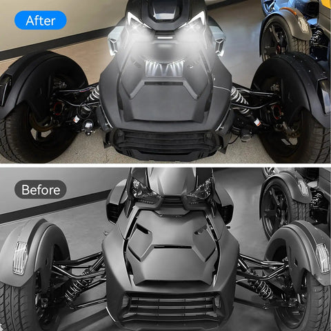 Before and after of Dope Dual LED Headlights With Turn Signals For CanAm Ryker 600 900 Sport Rally All Models High Low Beams DRL