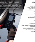 Technician using Solar Panel Tester And IV Curve Tracer With Temperature Readings For Quick Max Power And Efficiency Checks Large Sun Readable LCD Graphical IV Analysis Up To 800 Watts Per Panel.