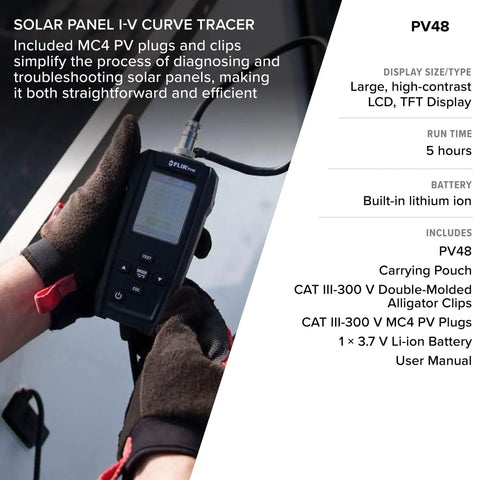Technician using Solar Panel Tester And IV Curve Tracer With Temperature Readings For Quick Max Power And Efficiency Checks Large Sun Readable LCD Graphical IV Analysis Up To 800 Watts Per Panel.