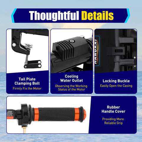 Beast 3.6HP 2 Stroke Outboard Motor details including cooling water outlet and rubber handle for inflatable boats.