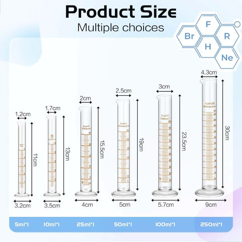 Six Piece Glass Graduated Cylinder Set With Rack 5Ml To 250Ml Clear Lab Tubes For Chemistry Projects Home Science Lab