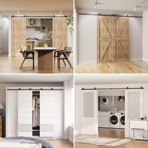 Six Foot Sliding Barn Door Hardware Kit With Double Track, Heavy Duty T Shaped Style in Black Finish installed in various rooms