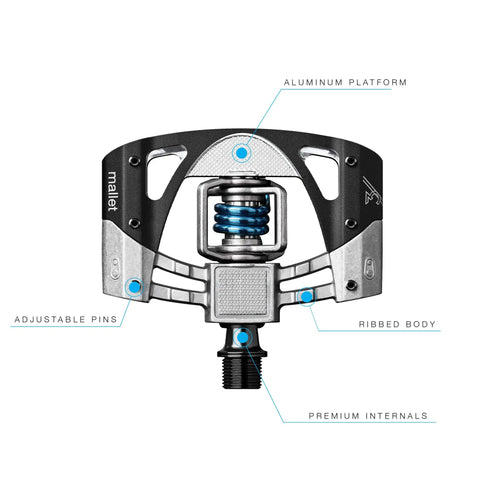 Close-up of Mallet 3 Clip In MTB Pedals With Four Sided Entry For Mud Shedding, showing aluminum platform and adjustable pins.