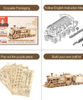 3D Wooden Puzzle Kit For Adults Mechanical Train Model One Eighty Scale Prime Steam Express No Glue Needed Brain Teaser Vehicle Building Kit A Cool Gift For Teens And Adults On Birthday Or Christmas Day featuring packaging, instructions, and assembled view.