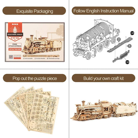 3D Wooden Puzzle Kit For Adults Mechanical Train Model One Eighty Scale Prime Steam Express No Glue Needed Brain Teaser Vehicle Building Kit A Cool Gift For Teens And Adults On Birthday Or Christmas Day featuring packaging, instructions, and assembled view.