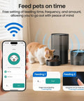 Smart Automatic Pet Feeder And Water Fountain For Cats And Dogs With Wifi App Control And Voice Recorder, showing feeding setup with cat.