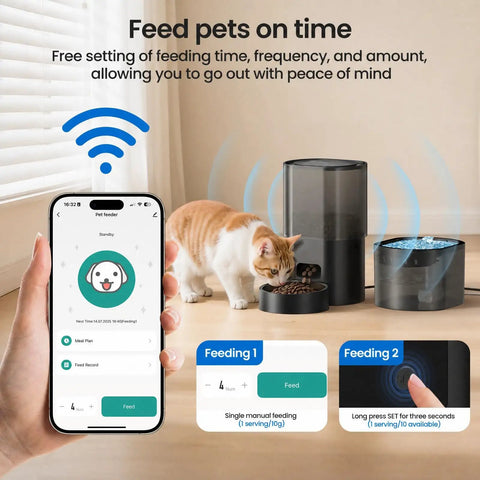 Smart Automatic Pet Feeder And Water Fountain For Cats And Dogs With Wifi App Control And Voice Recorder, showing feeding setup with cat.