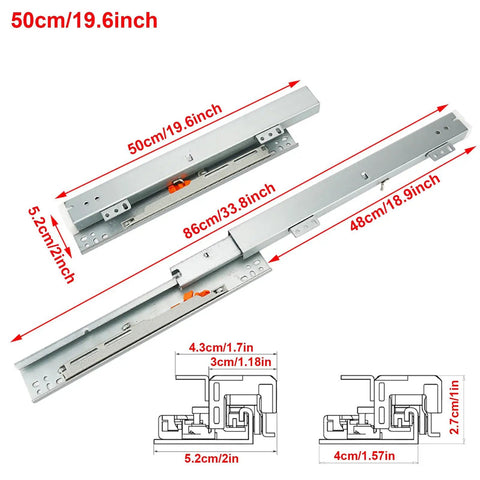 Heavy Duty Drawer Slides 45kg Load Capacity 50cm Length Bottom Mount Hidden Mounting with dimensions displayed